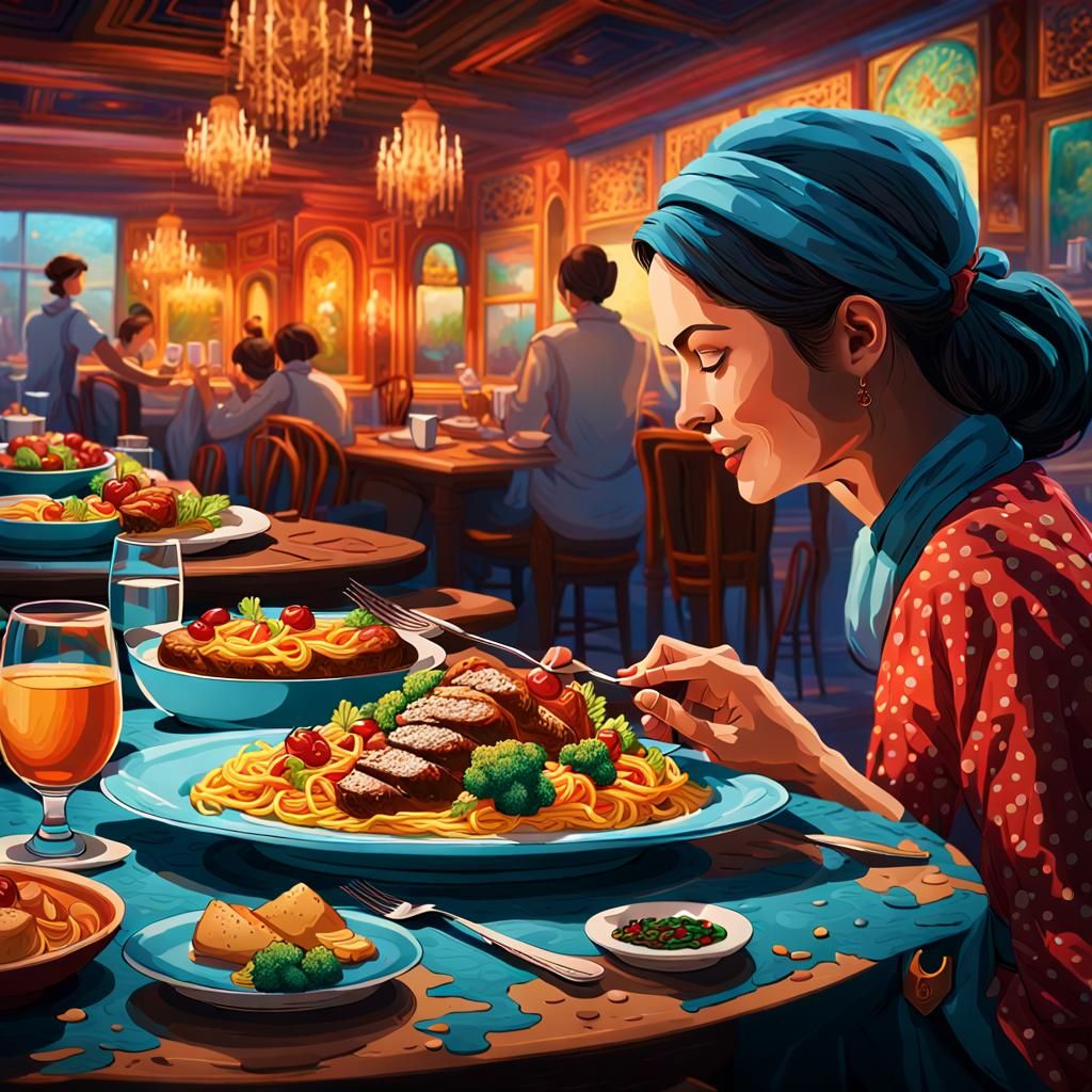 Woman Enjoys Meal: Detailed Digital Matte Painting