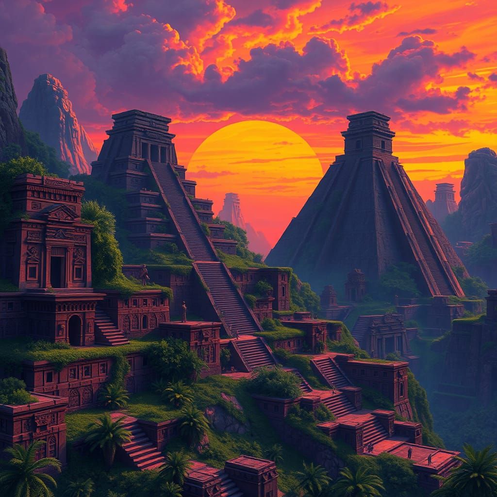 Mystical Aztlan Cityscape at Sunset