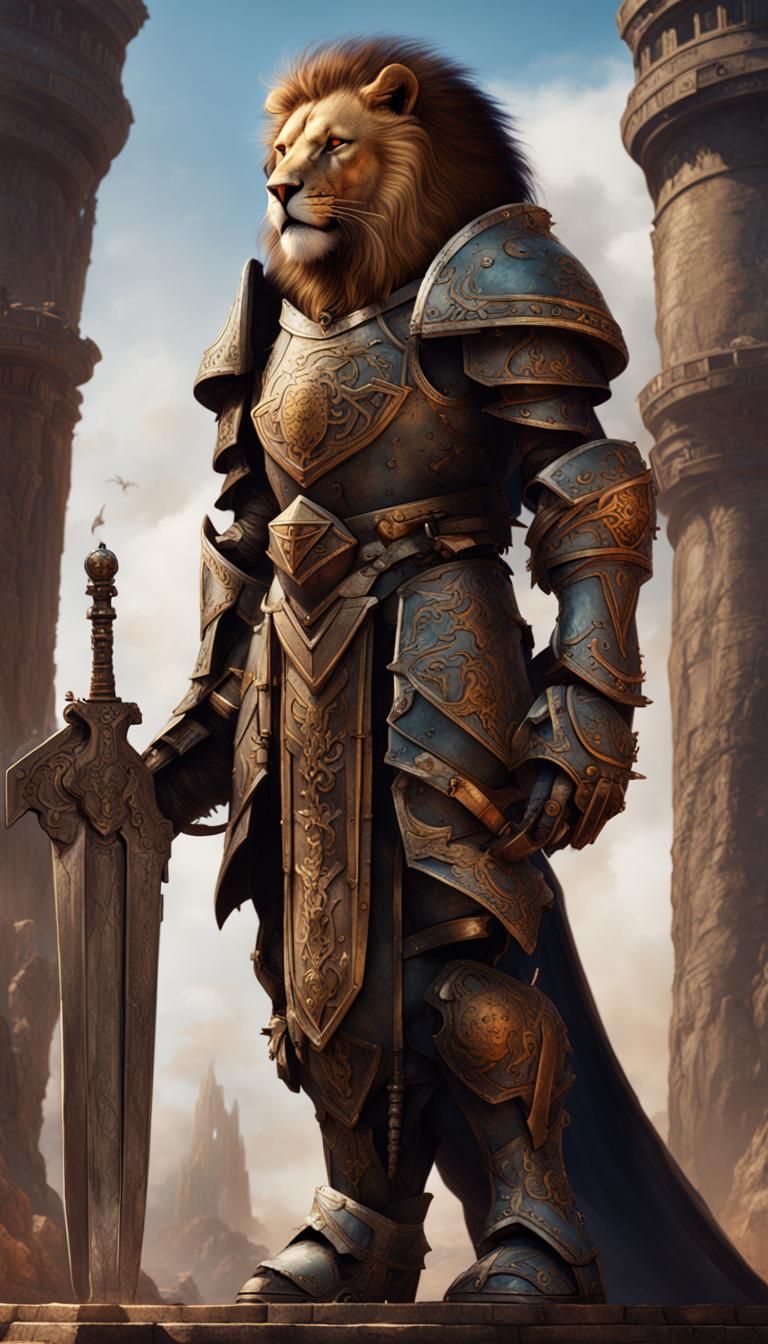 Armored Lion Warrior with Warhammer: Fantasy Art