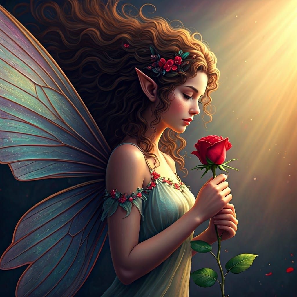 Enchanted Fairy with Radiant Rose and Rainbow