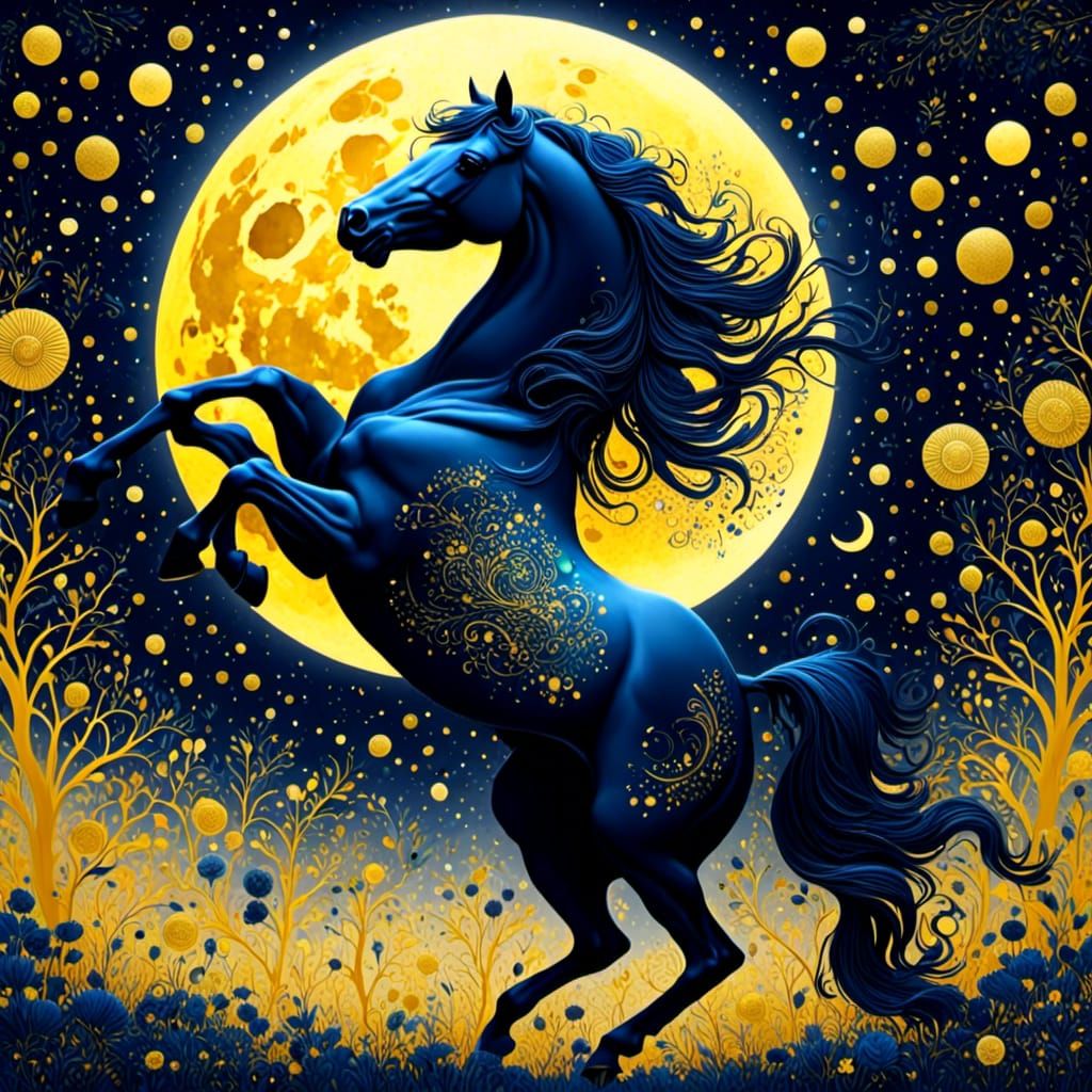 Black Horse Silhouetted Against a Yellow Moon