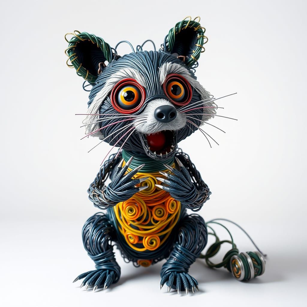 Electric Wire Sculpture of a Surprised Raccoon