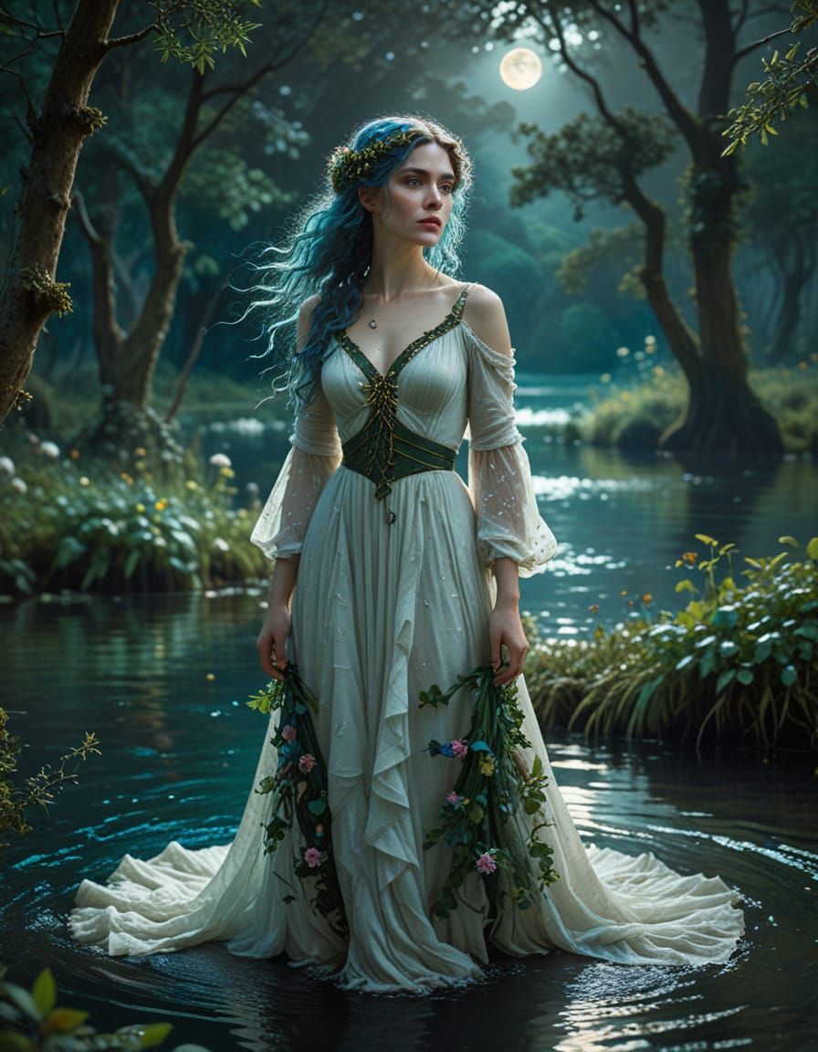 Beautiful stunning breathtaking myterious woman with blue curly hair, pale skin, emerald blue shing eyes, in a white dre...