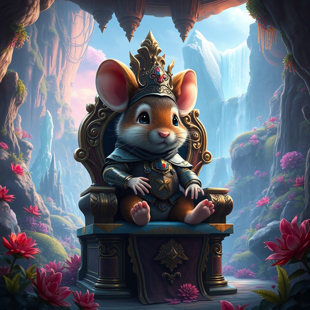 Heroic Rodent King in Vibrant, Dreamlike Fantasy Realm