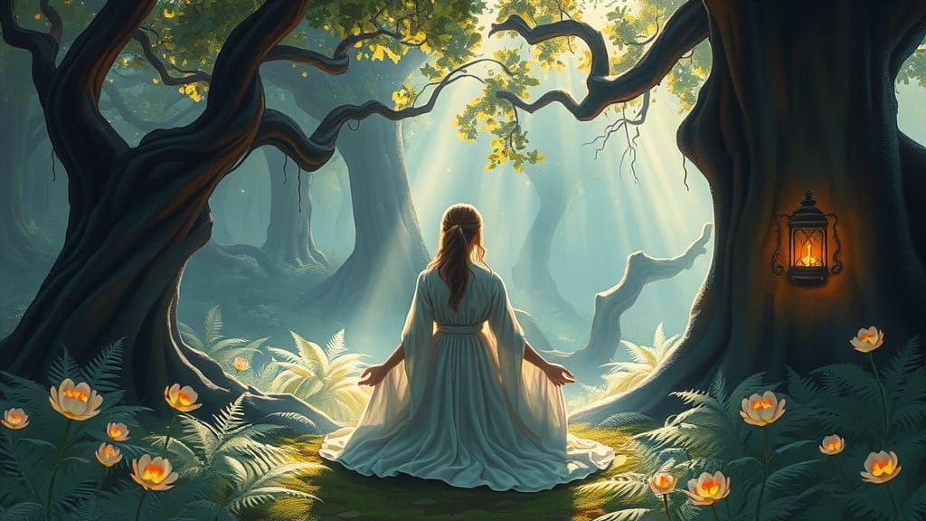 Woman Meditates in Mystical Forest Sanctuary