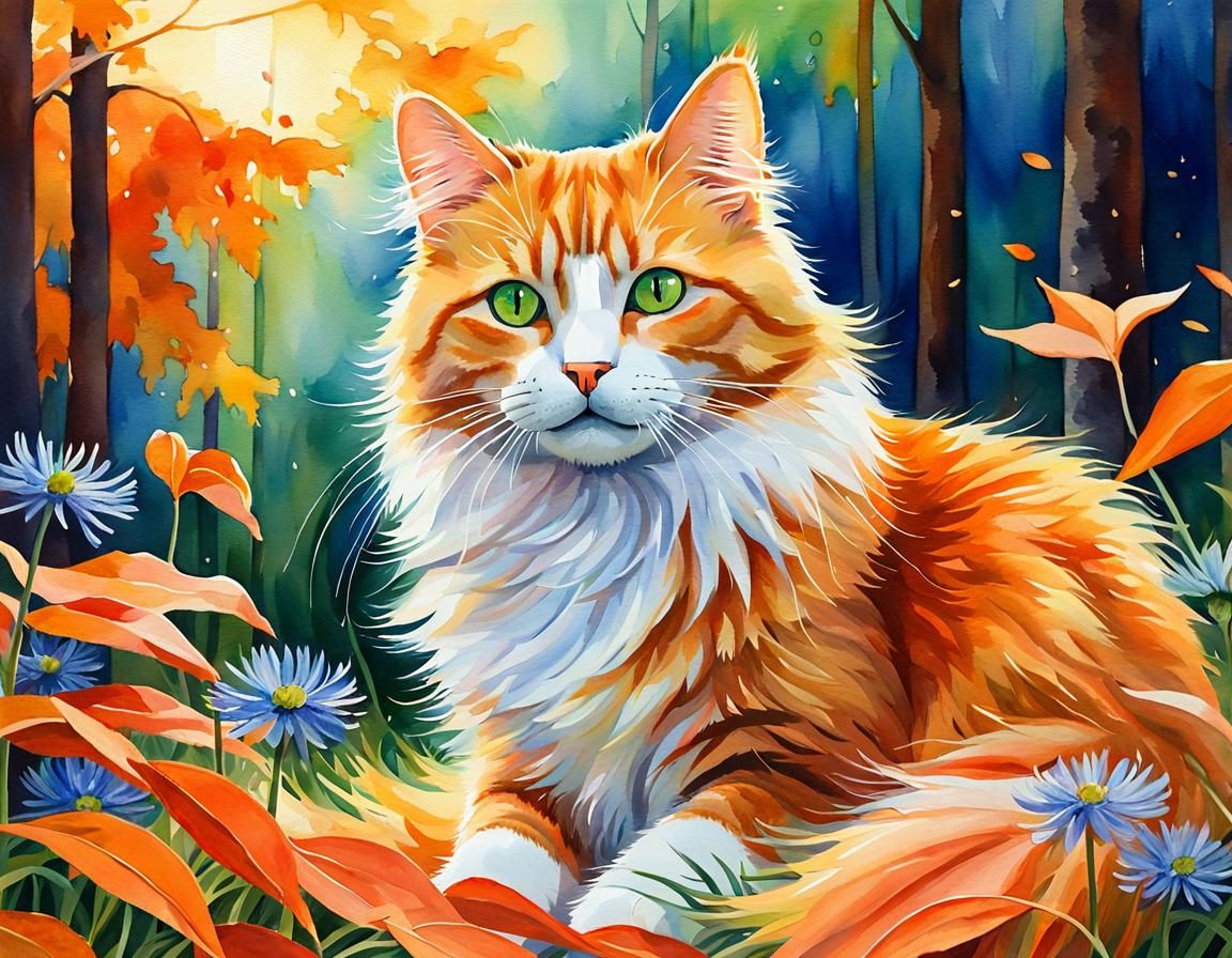 Orange Cat in Aster Field: Aquarelle Painting