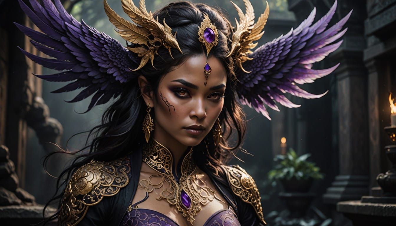 Regal, Red-Hued Mystical Being with Golden Undertones and Po...