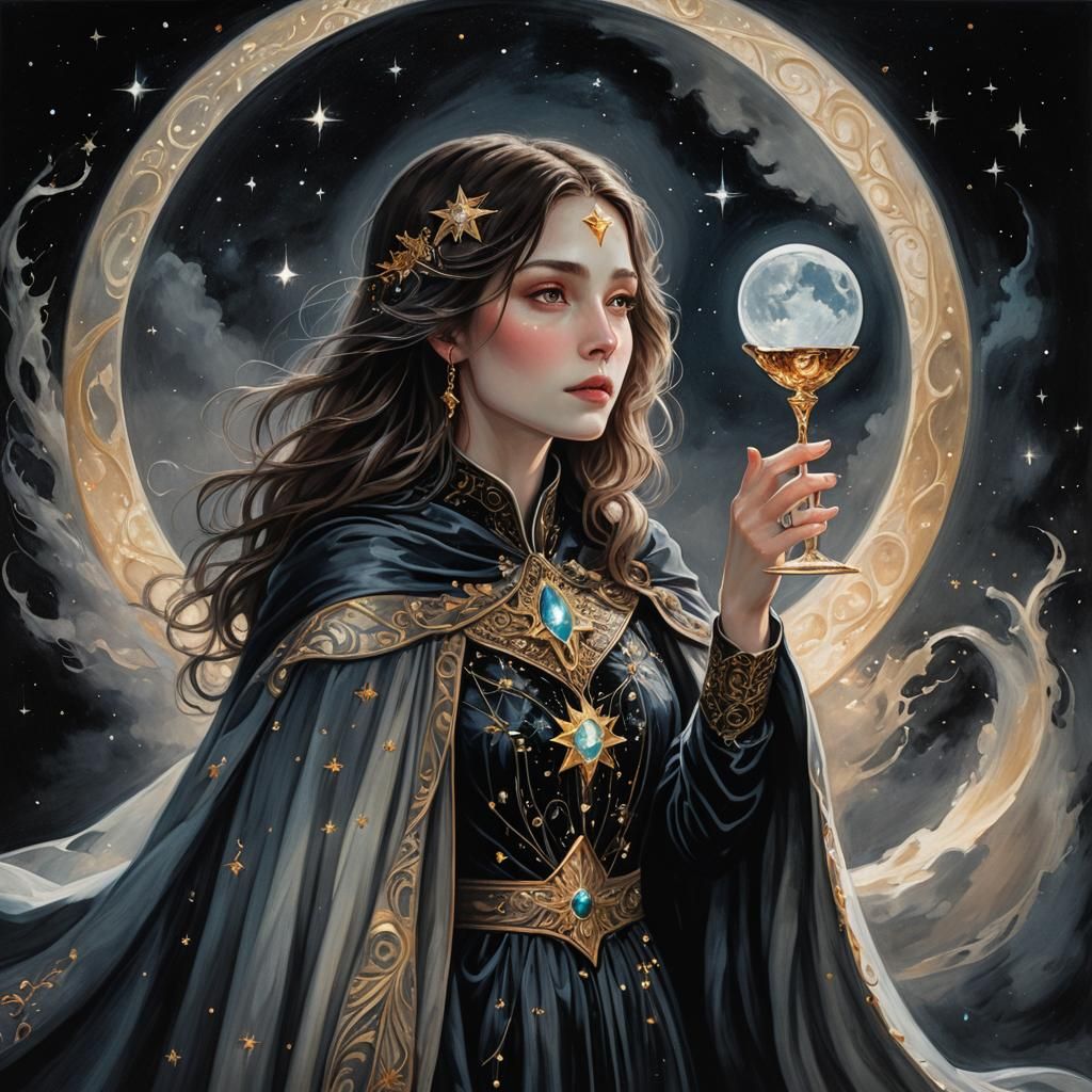 Beauty Seeks Moon's Love in Ethereal Oil Painting