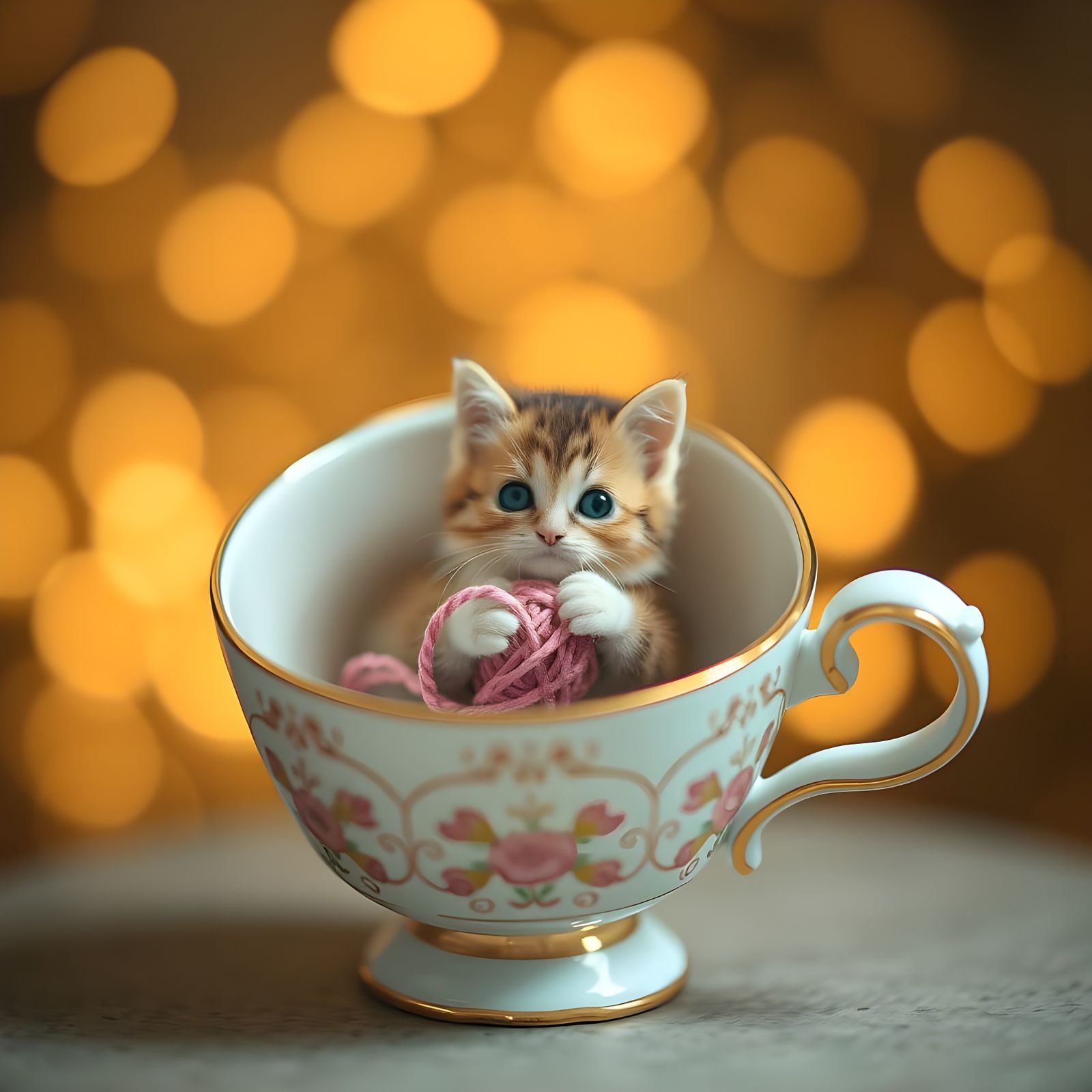 Mini Kitten in Teacup with Yarn