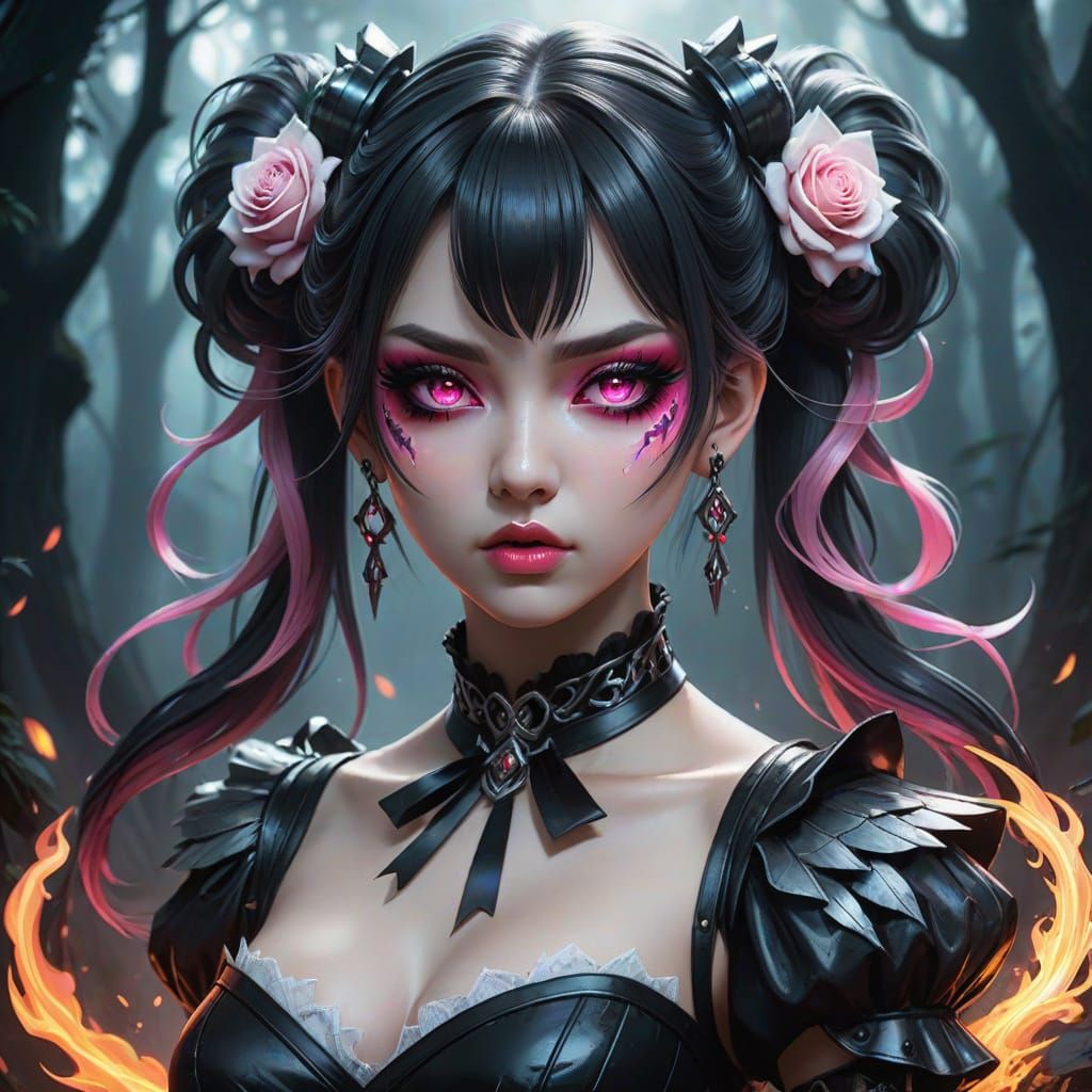 Highly detailed digital illustration, "gothic punk" anime gi...