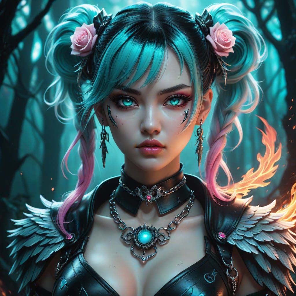 Highly detailed digital illustration, "gothic punk" anime girl. Long jet-black hair in twin tails, bold orange highlight...