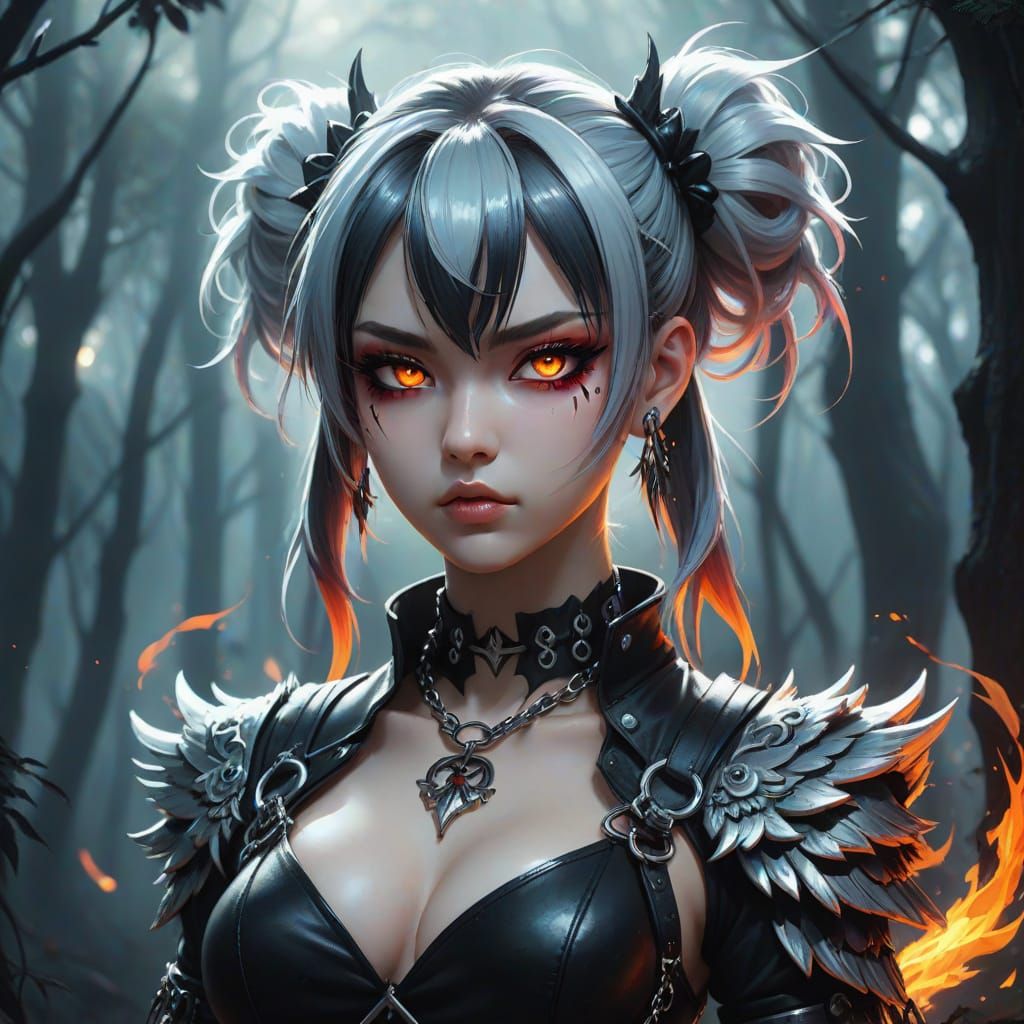 Highly detailed digital illustration, "gothic punk" anime girl. Long jet-black hair in twin tails, bold orange highlight...