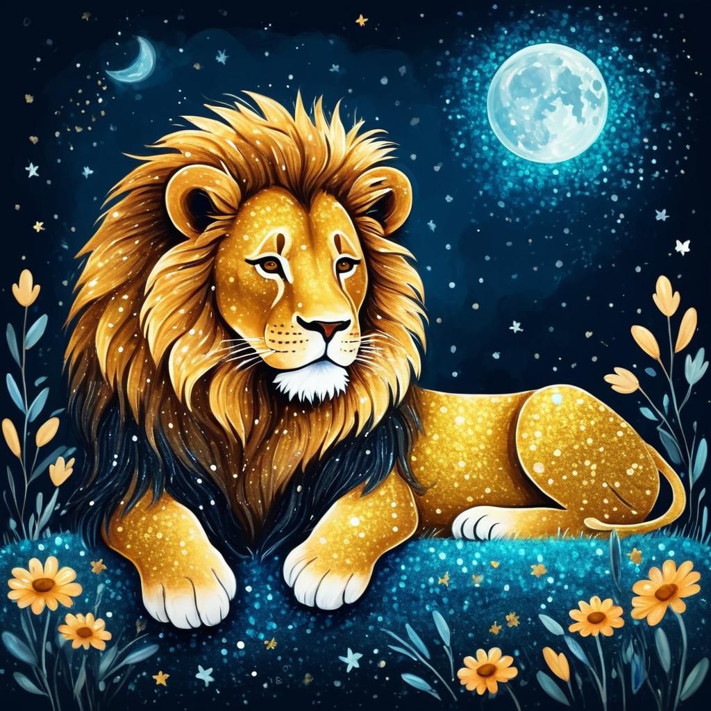 Glitter Painting of Sleeping Lion Under Moonlight