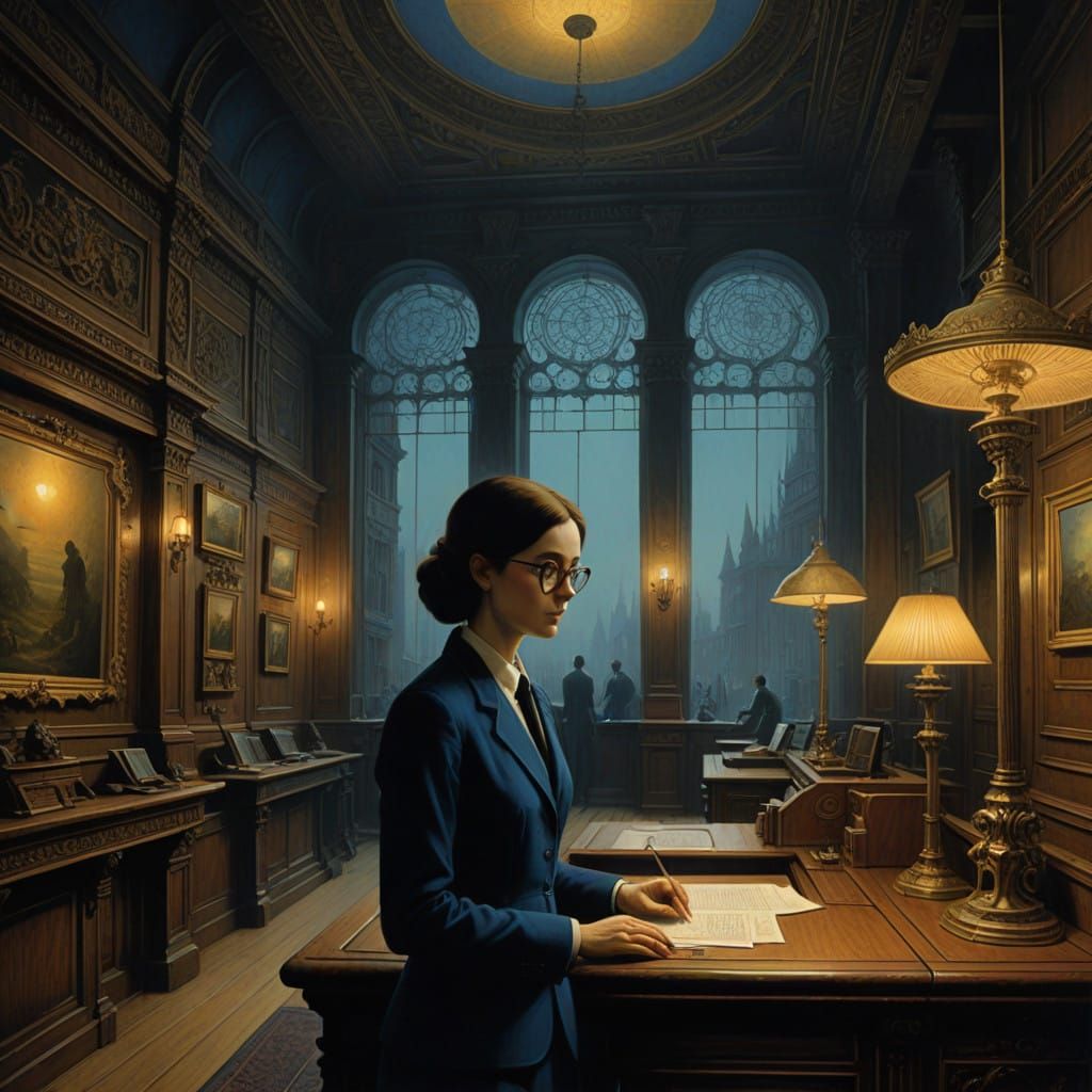 A Futuristic Bank Teller in a Noir Style