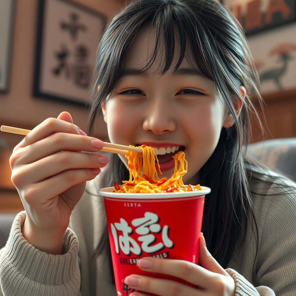 Korean Girl Enjoys Spicy Noodles: Digital Matte Painting