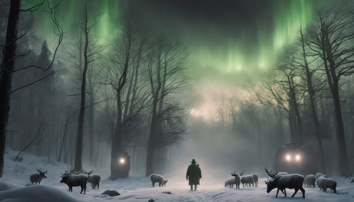Cinematic Green Lights Over Snowy Forest