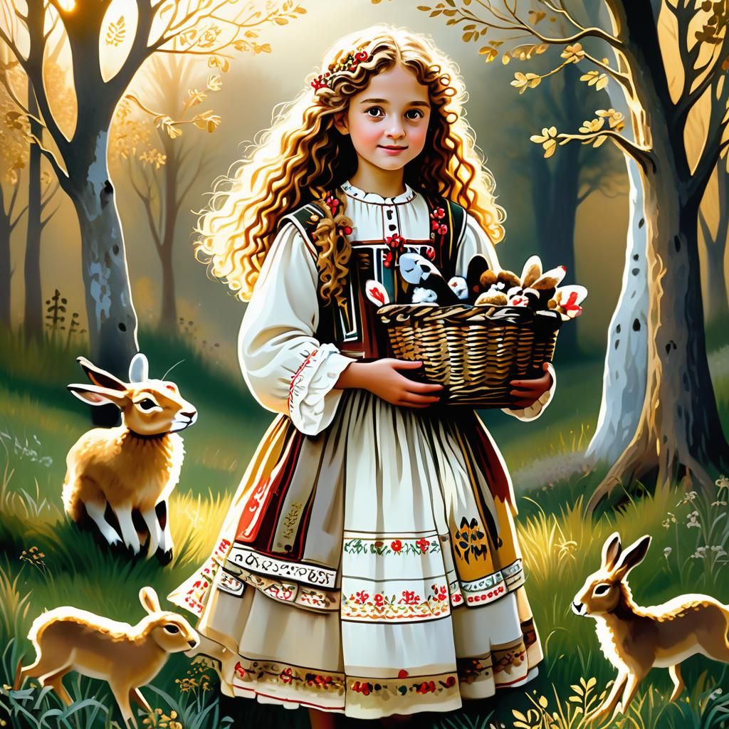 Girl with Hares in Folk Art Style