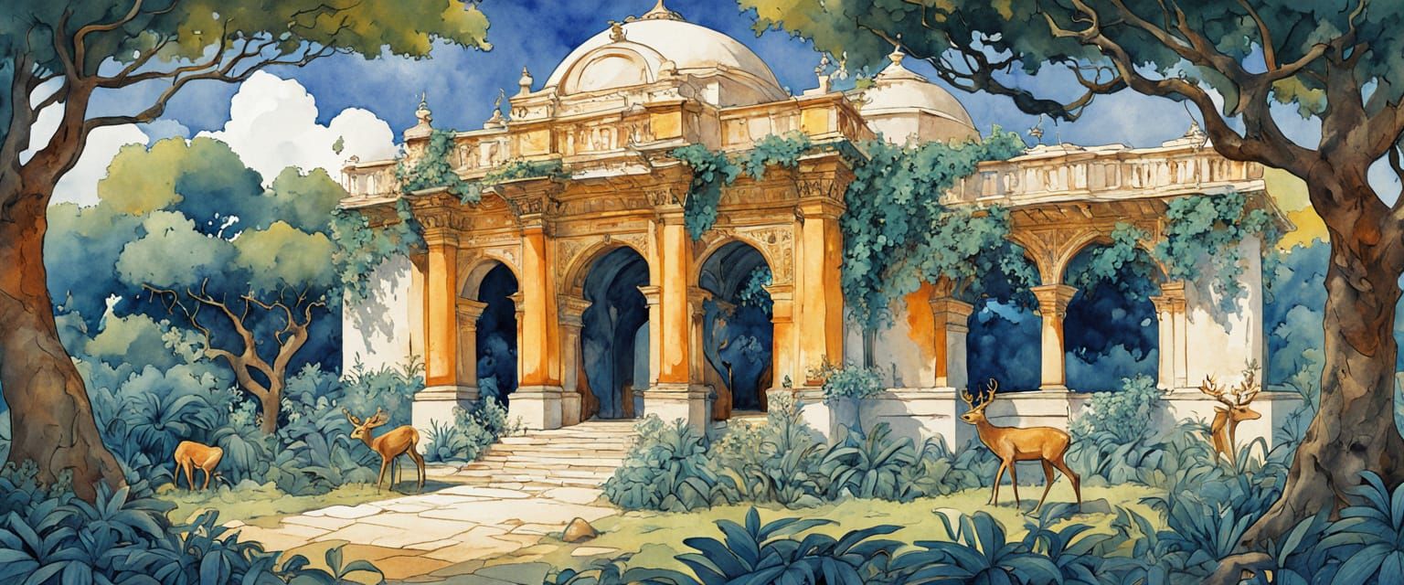 Ancient Goddess Temple in Watercolor Comic Style