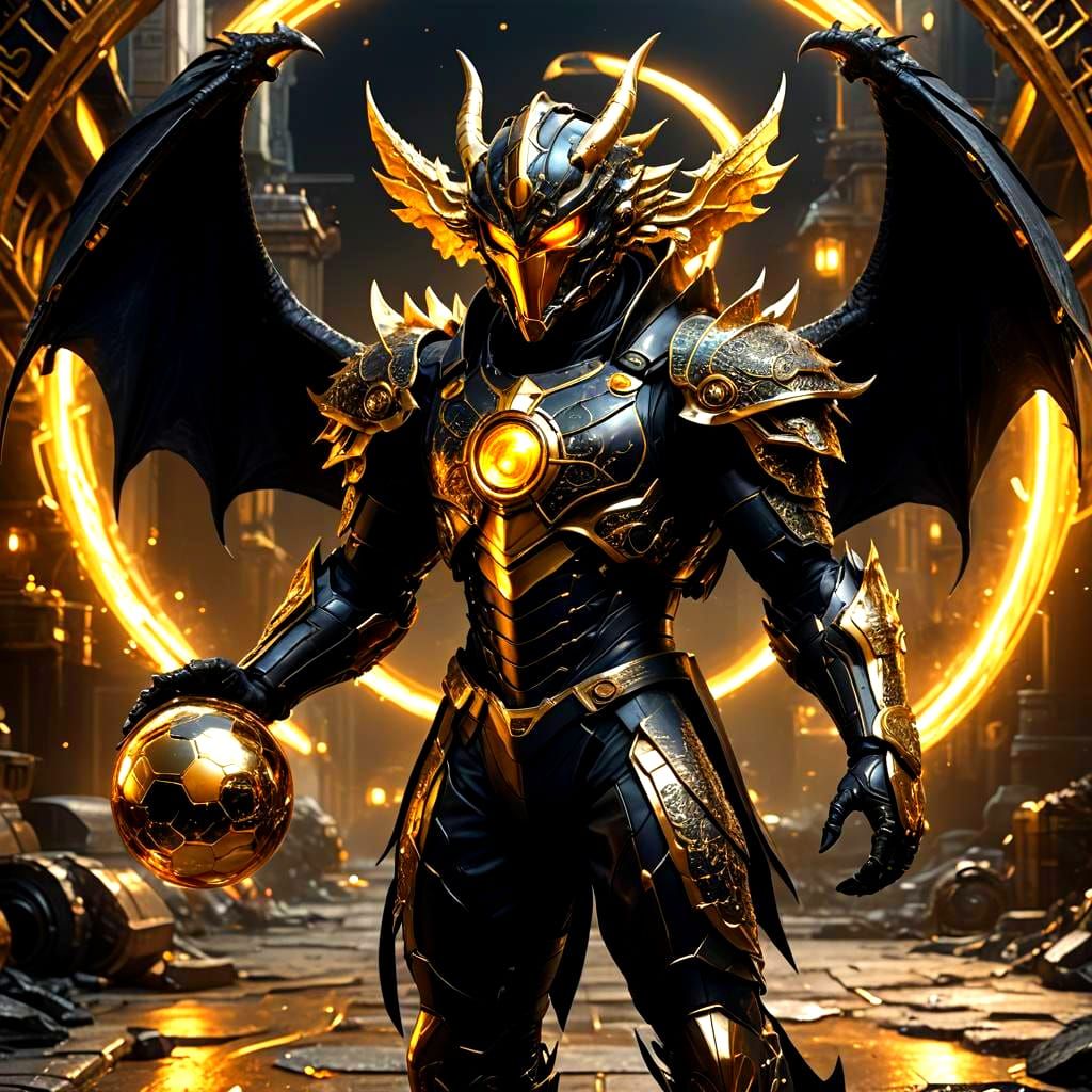 Cybernetic Dragon Supervillain Holds Golden Light Sphere