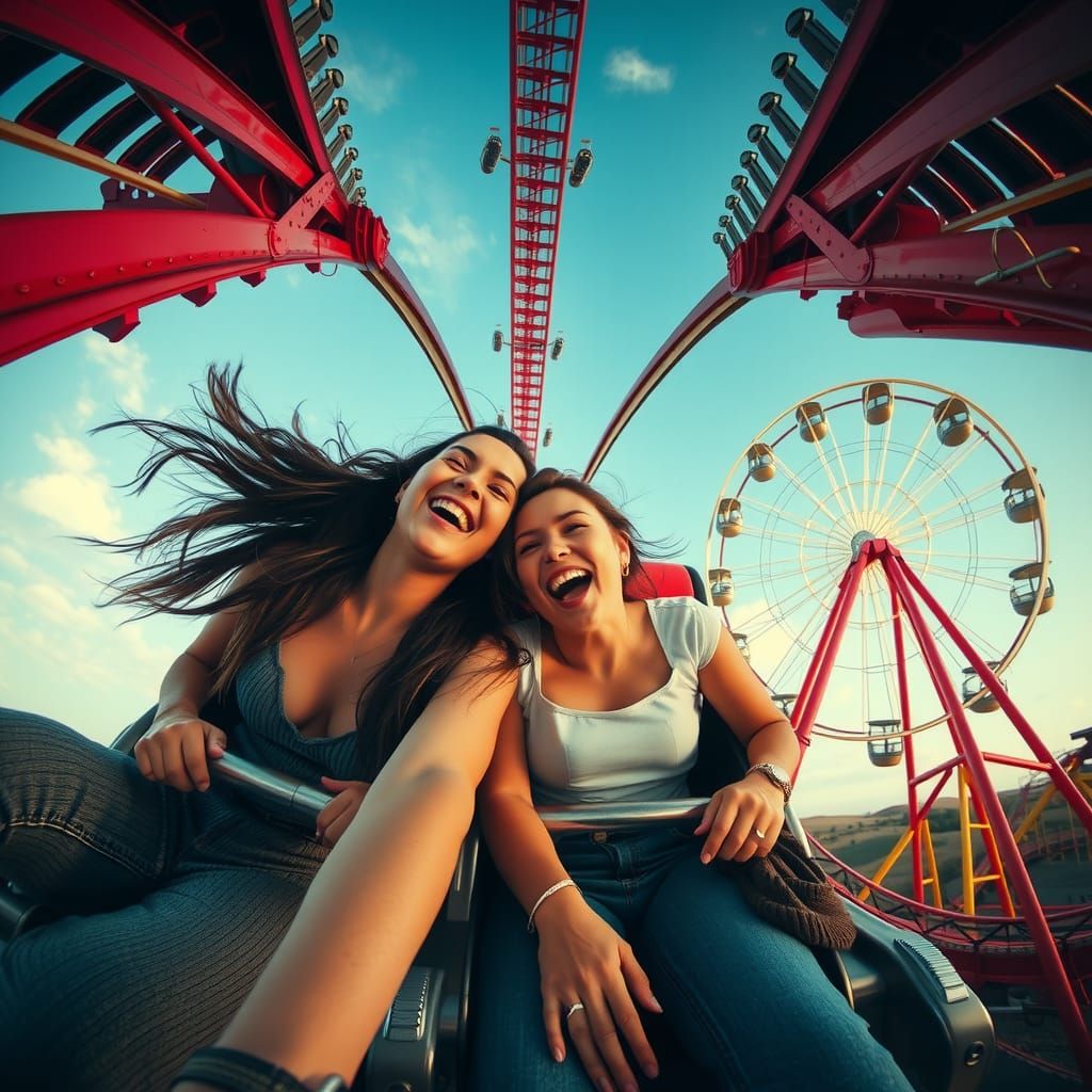 Dramatic shot of two women in their 20s on a steel roller co...