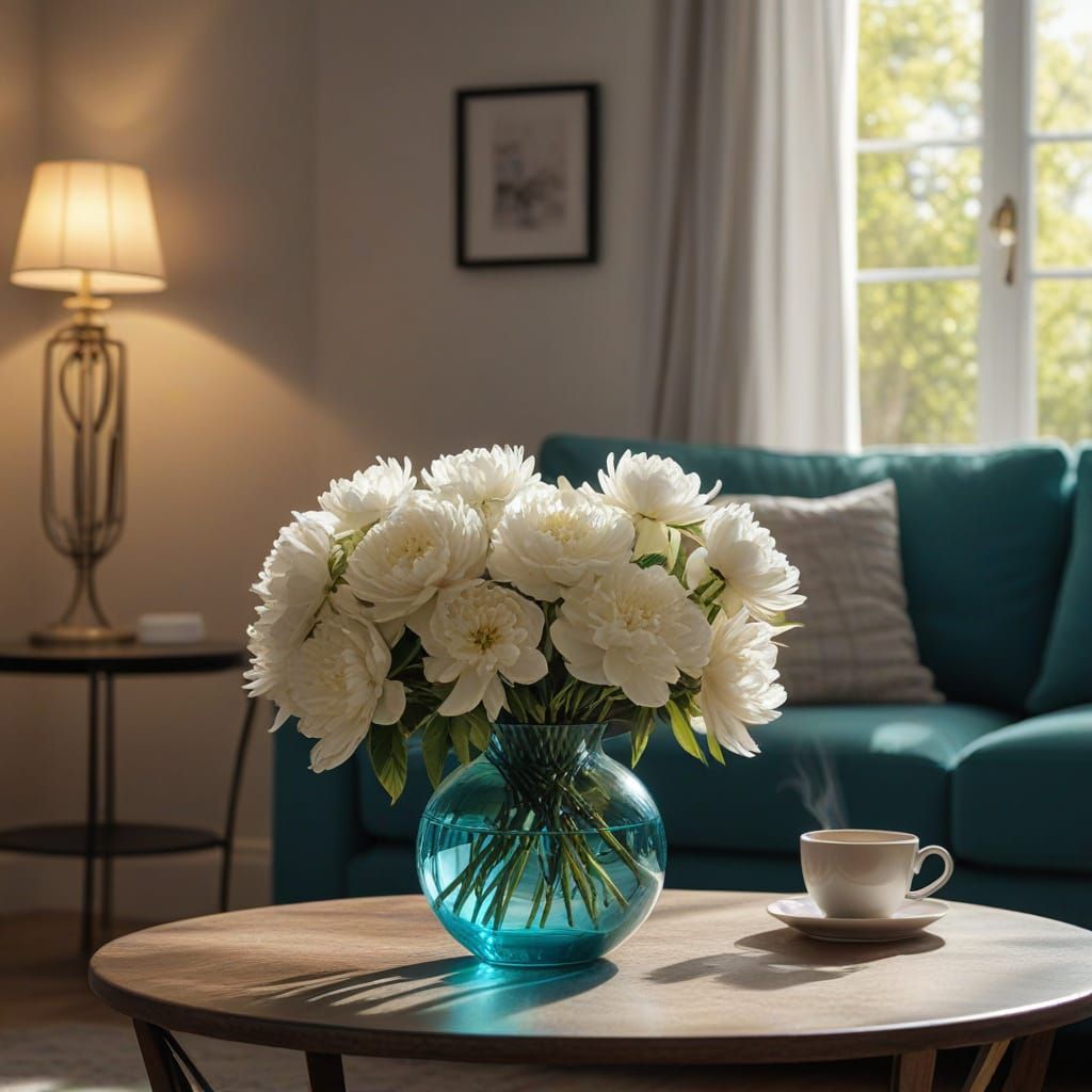 Turquoise Coffee Table with Peonies and Coffee