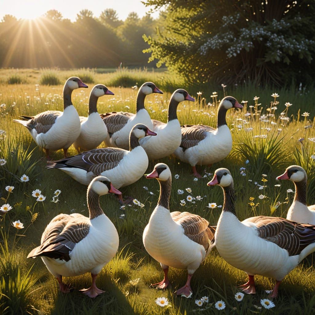 Gingham-Print Geese in Field of Wildflowers, Inspired by Viv...