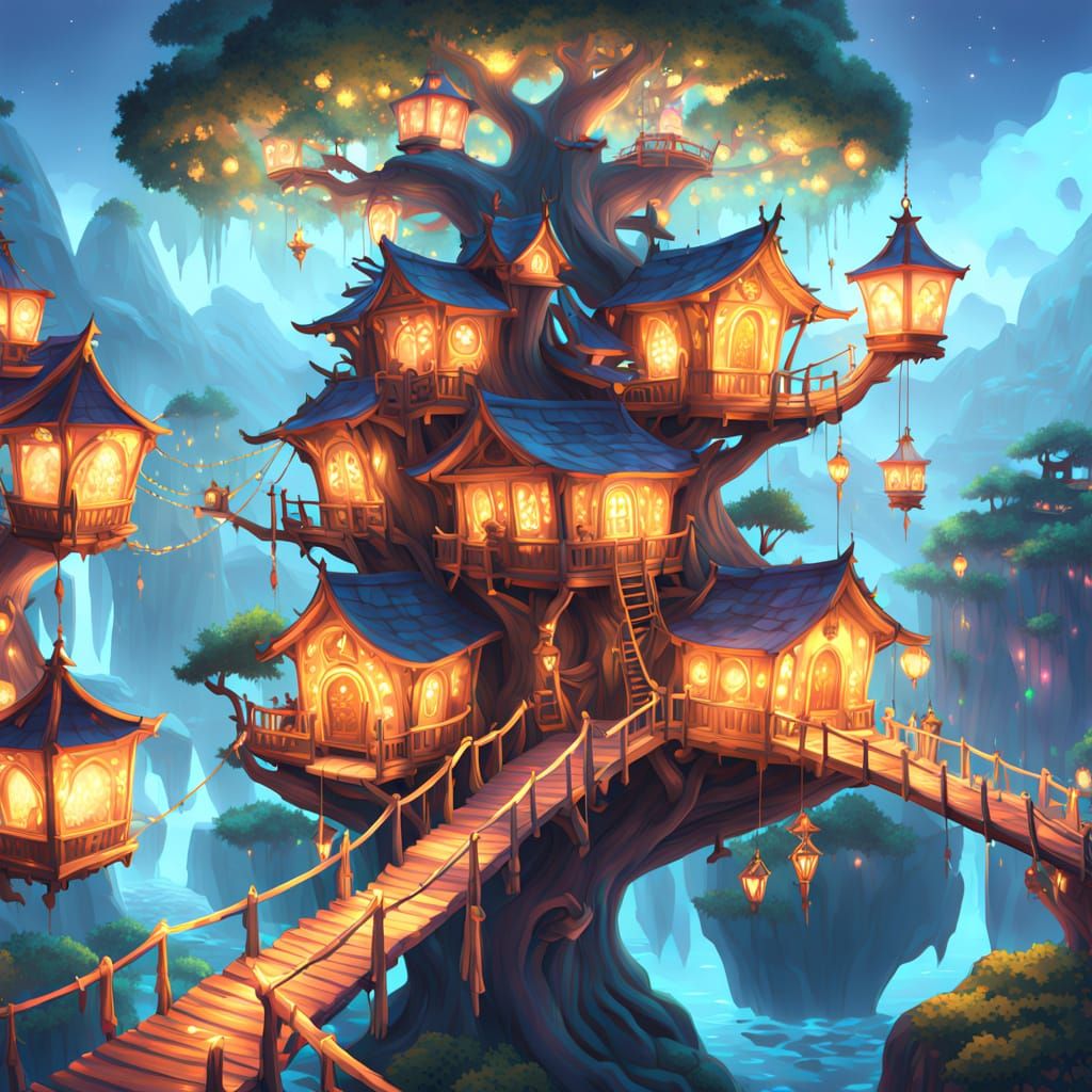 Whimsical Treehouse Village in a Glowing Tree