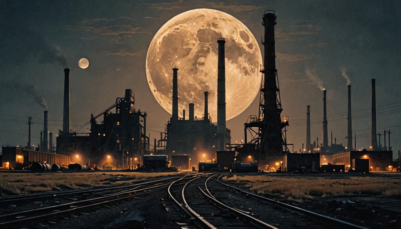 Industrial Decay: Rusted Machinery Under Moonlight