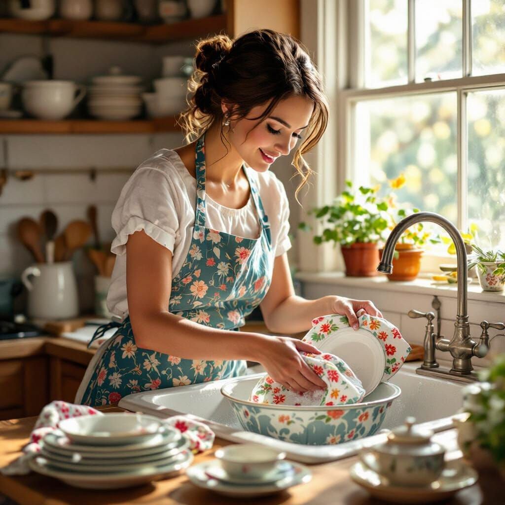 Woman Washing Dishes: Rockwell and Vermeer Style