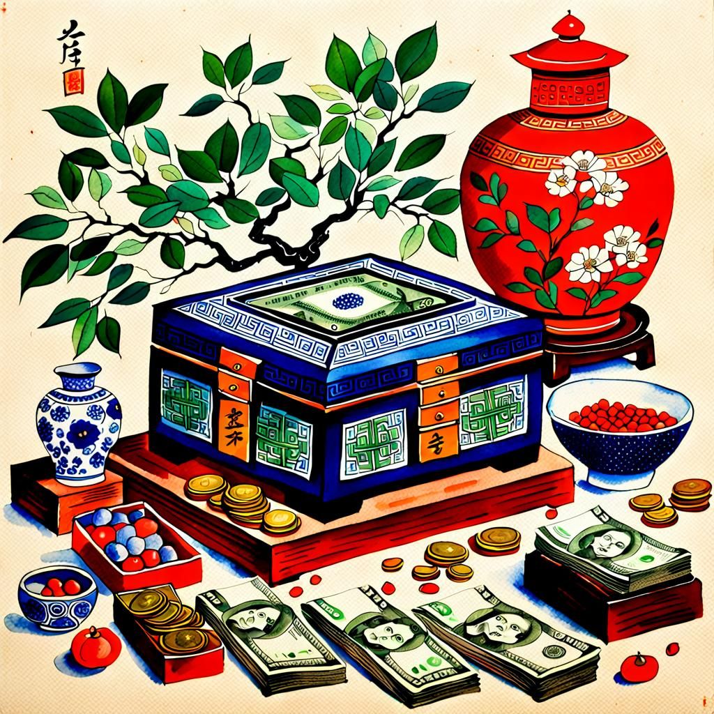 Intricate Oriental Still Life in Watercolor and Ink