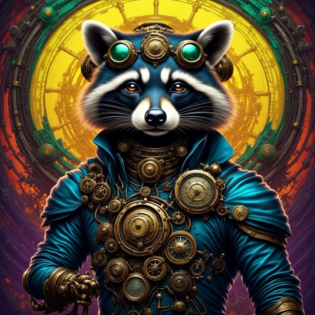 Steampunk Raccoon with Bronze Cogs and Clock Parts