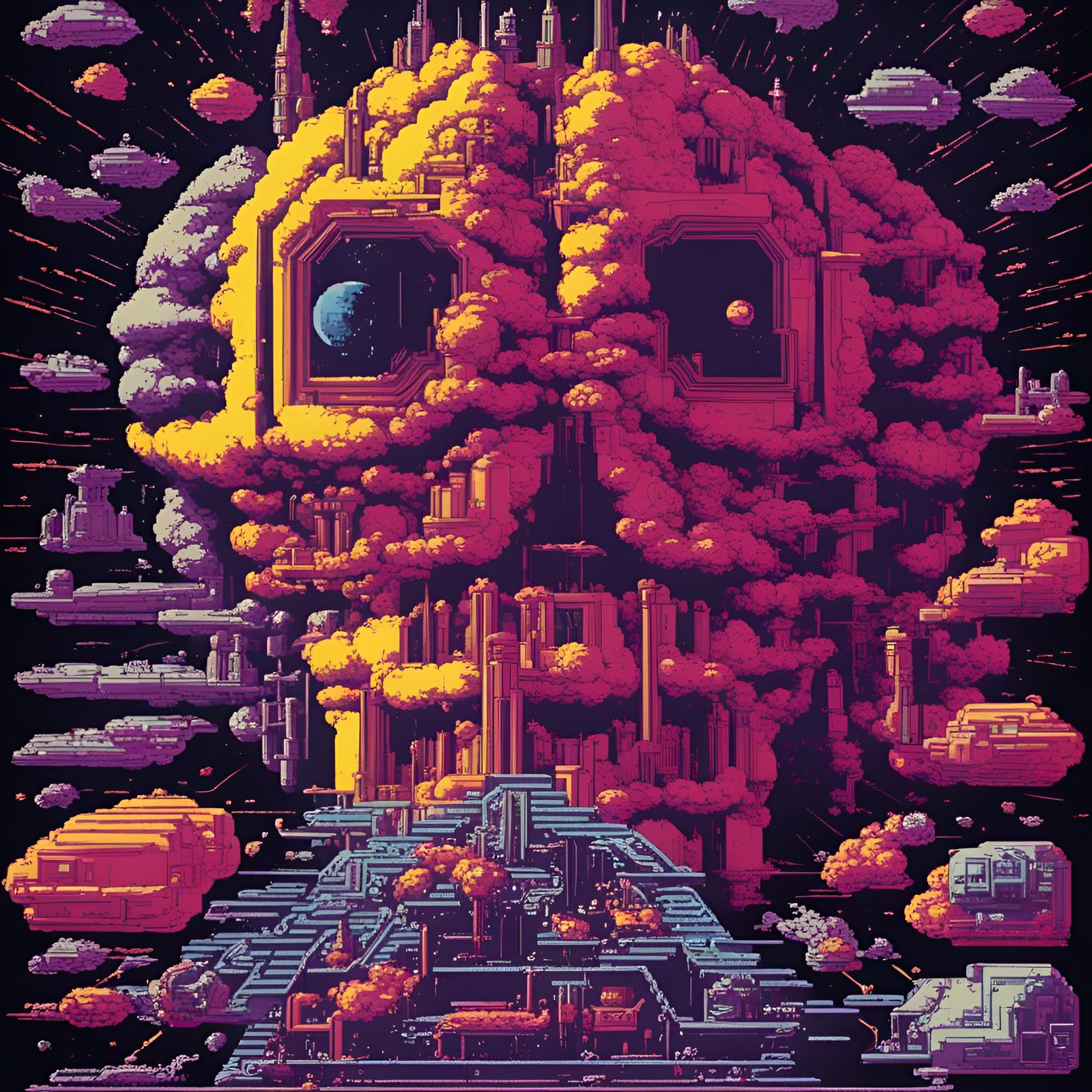 Galactic Giant Brain Attacks Rocketships in Pixel Art