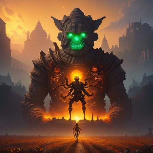 Terracotta Golem in Serene Village: Digital Art