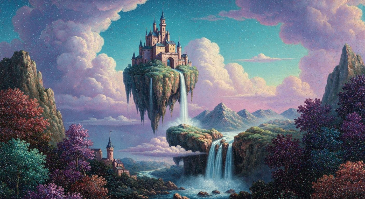 Floating Castle Mountain with Waterfall in Oil Paint
