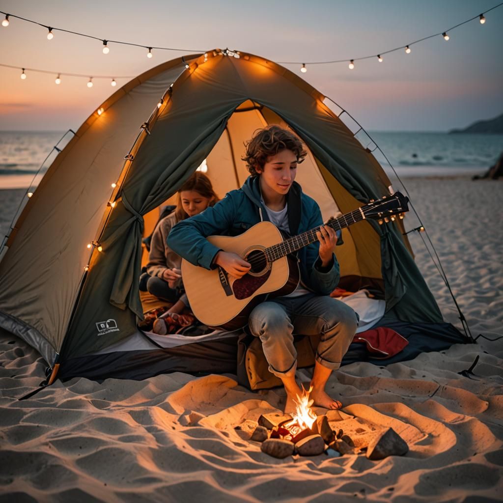 Romantic Beach Camping Scene at Sunset