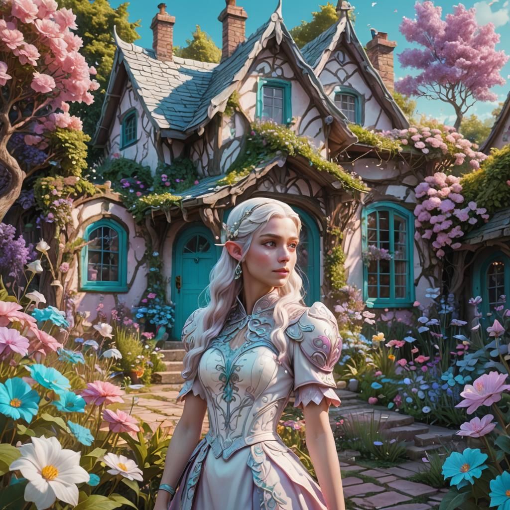 Hyperrealistic Elf Girl in Fairyland Flower Garden