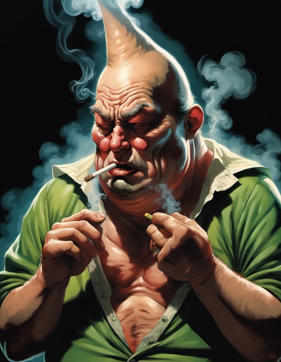 Fatso man smoking+choking on (marijuana:1.3) sweating like a hog+coughing cool as dunce."
Jim Lee/Mike Ploog; medium sho...