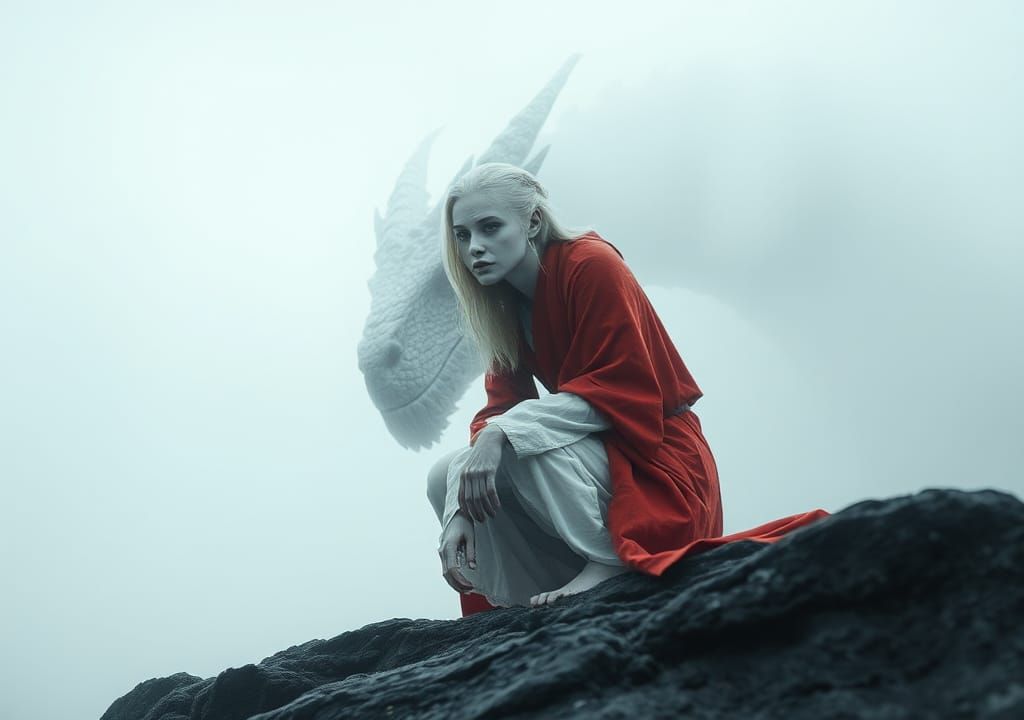 Albino Woman and Dragon in Misty Landscape