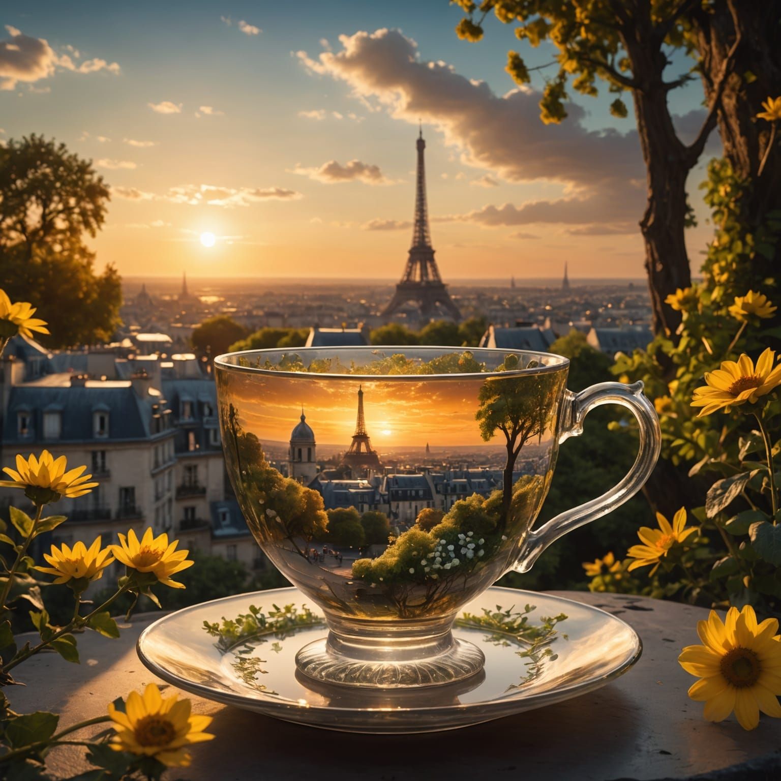 Paris Cityscape Reflected in Crystal Teacup at Sunset