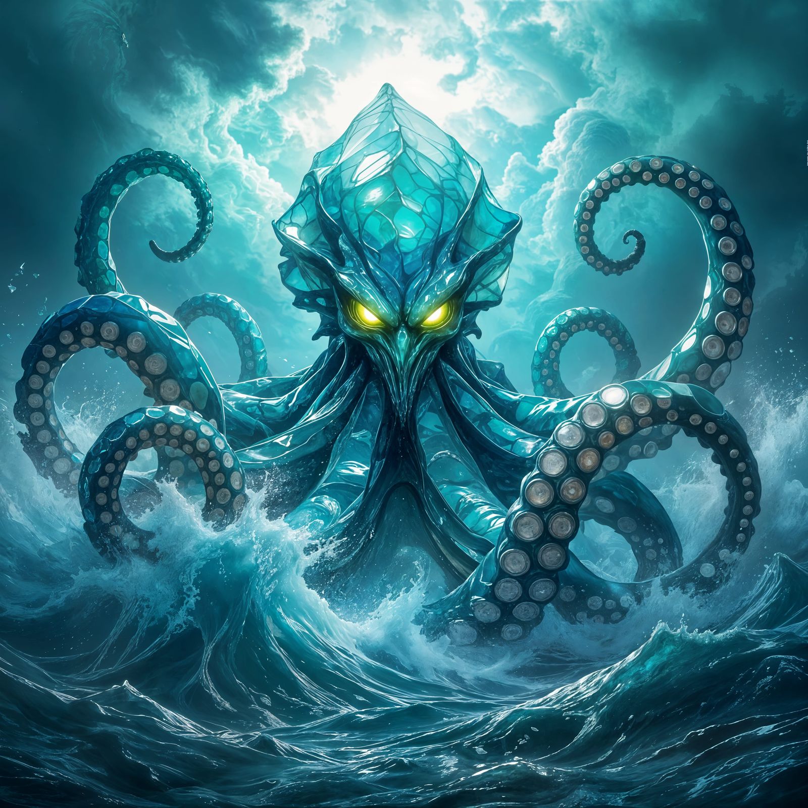 Colossal Kraken of Molten Sea Glass in Stormy Ocean