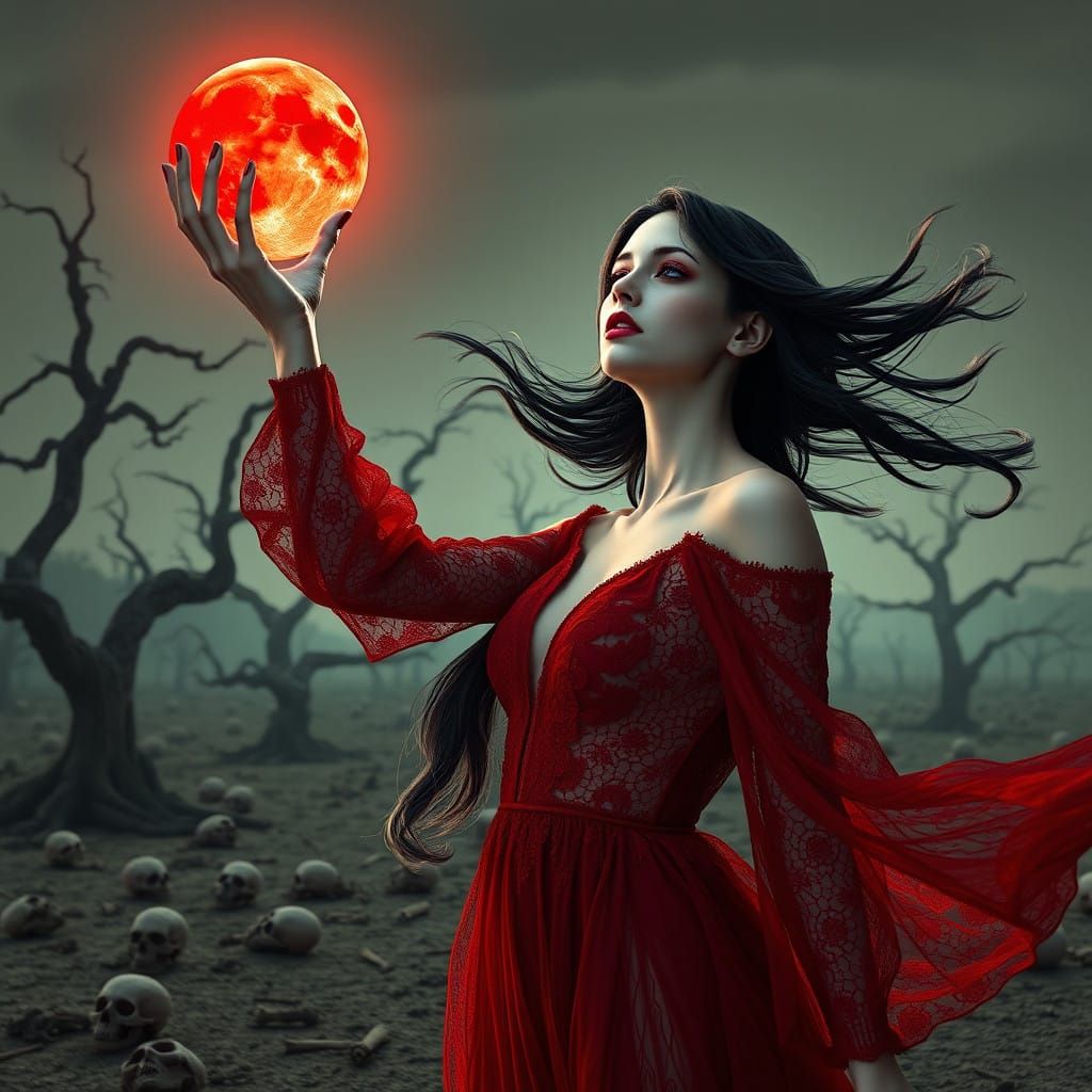 Ethereal Woman Grasps Red Full Moon in Gothic Style