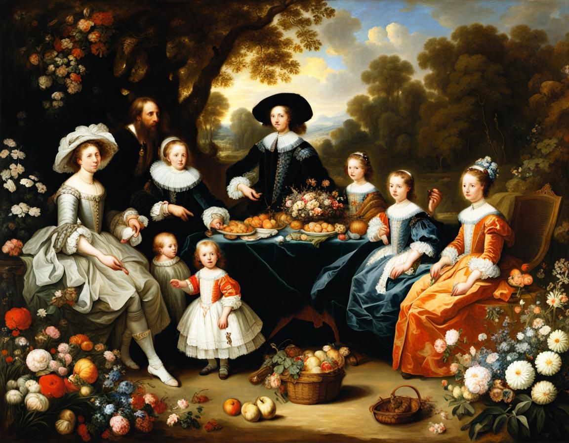 Baroque Royal Family Picnic in Flowery Garden