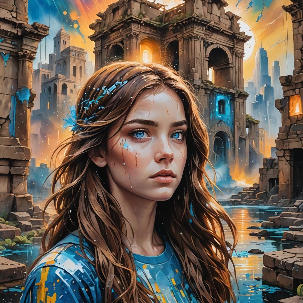 Street Art Time Traveler with Glowing Eyes