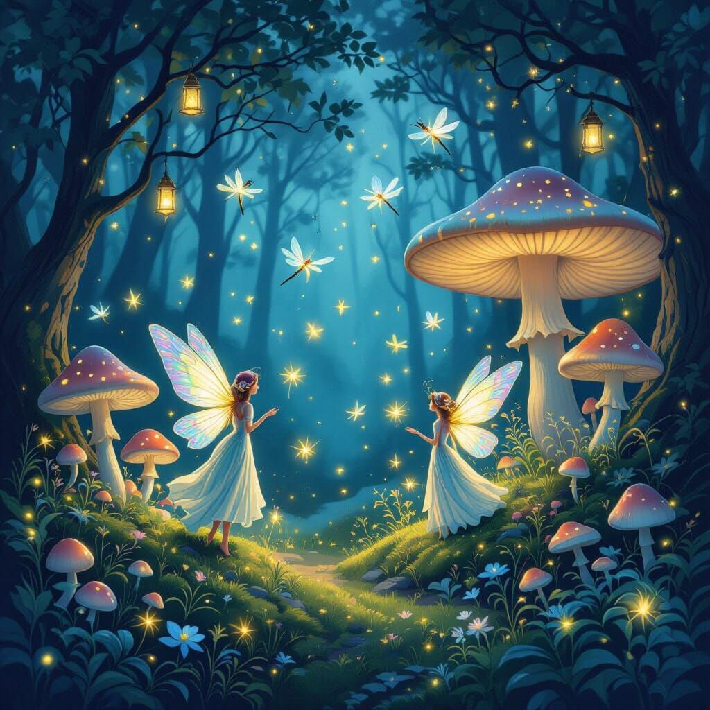 Magical Twilight Forest with Fairies and Fireflies