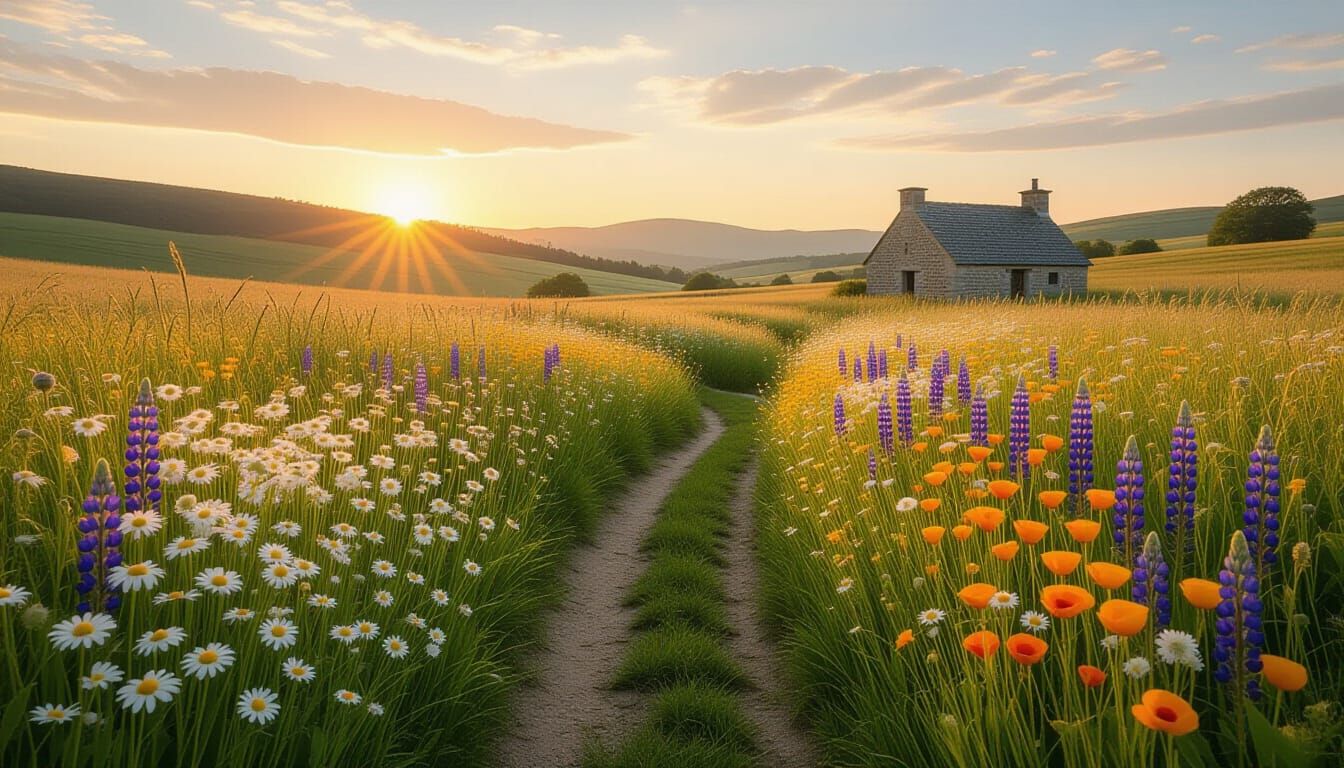 Wildflower Meadow at Golden Hour: Impressionist Oil Painting