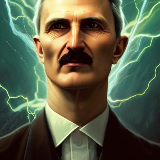 Tesla Portrait with Lightning, Detailed Digital Art