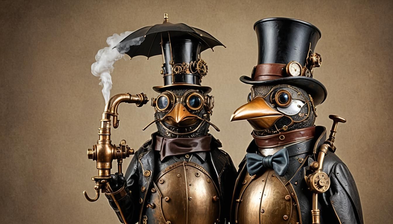 Steampunk Penguin with Top Hat and Engine