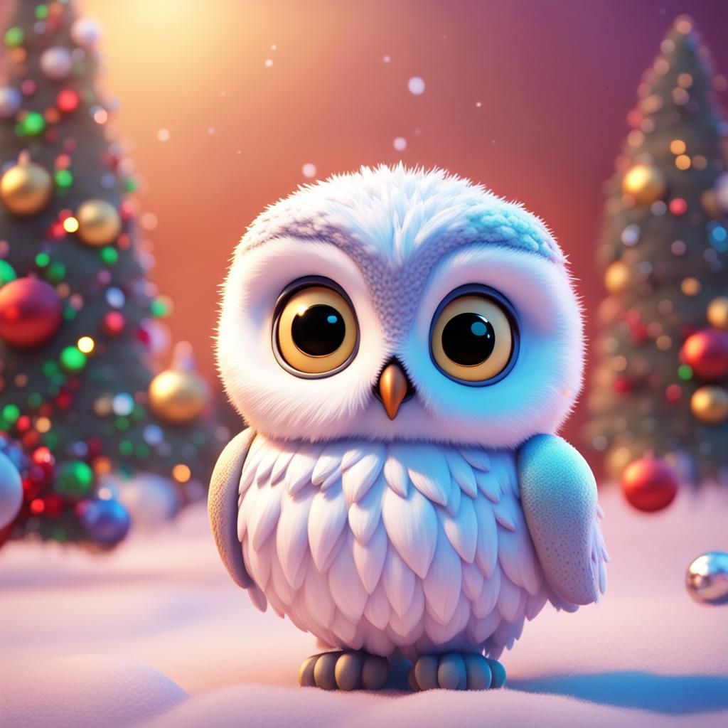 Baby Snow Owl with Shiny Eyes on Christmas