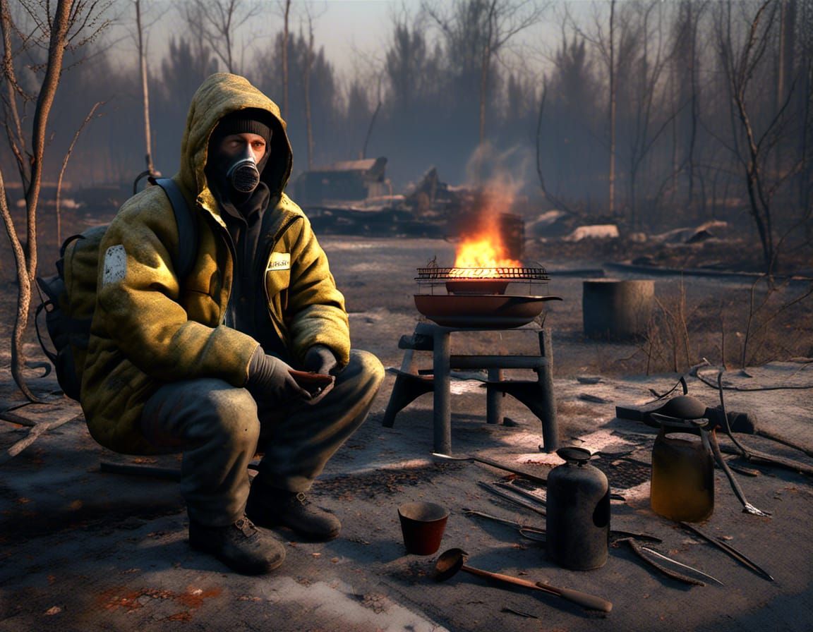 Chernobyl Loner in Pripyat with Sleeping Cat