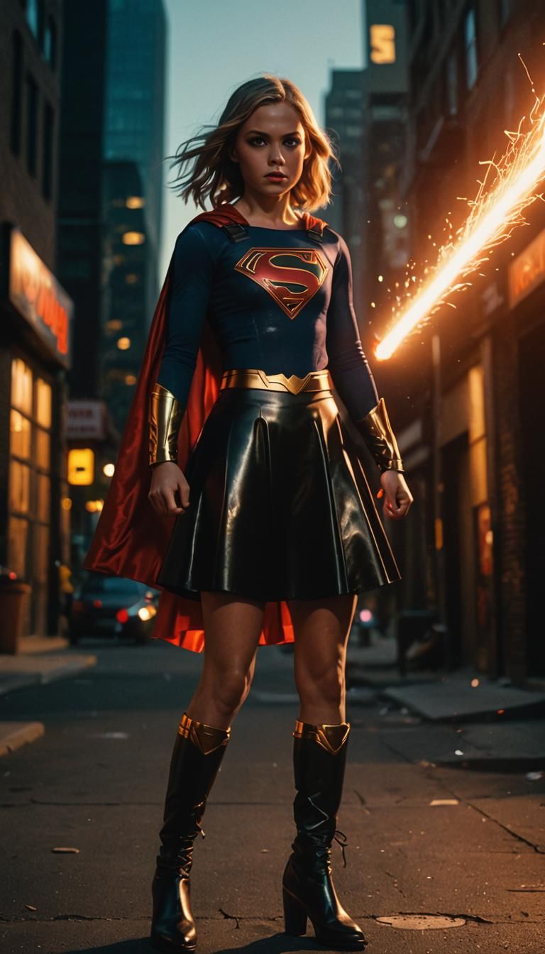 Angry Supergirl Kid with Laser Eyes: Cinematic Film Still